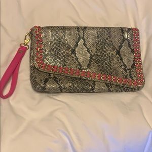 Topshop pink and grey faux snakeskin clutch